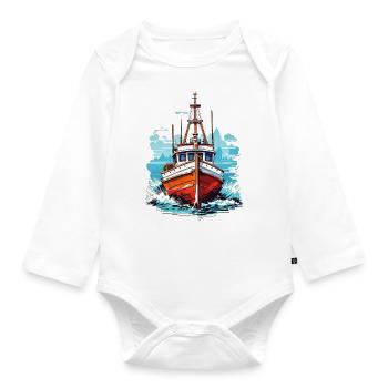 Bateau à moteur vintage en bleu et blanc - Body Bébé bio manches longues - blanc - Devant