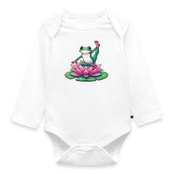 Frog Yoga Meditation with Water Lily - Organic Longsleeve Baby Bodysuit - white - Front