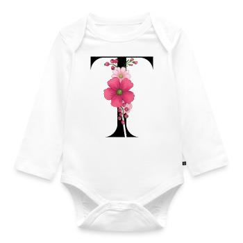 Elegant letter 'T' with flowers - Organic Longsleeve Baby Bodysuit - white - Front