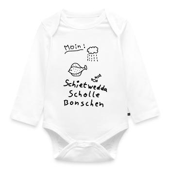 Typisch Nordisch Plattdeutsch Moin Scholle Bonsche - Baby Bio-Langarm-Body - Weiß - Vorne