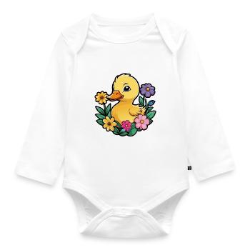 Mignon petit caneton jeune canard avec des fleurs - Body Bébé bio manches longues - blanc - Devant