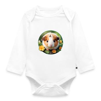 Cute guinea pig in the grass with flowers - Organic Longsleeve Baby Bodysuit - white - Front