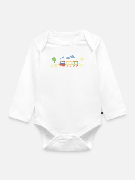 Train With Wagons - Organic Longsleeve Baby Bodysuit - white