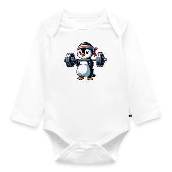 Fitness Penguin Dumbbell Training Bench Press - Organic Longsleeve Baby Bodysuit - white - Front