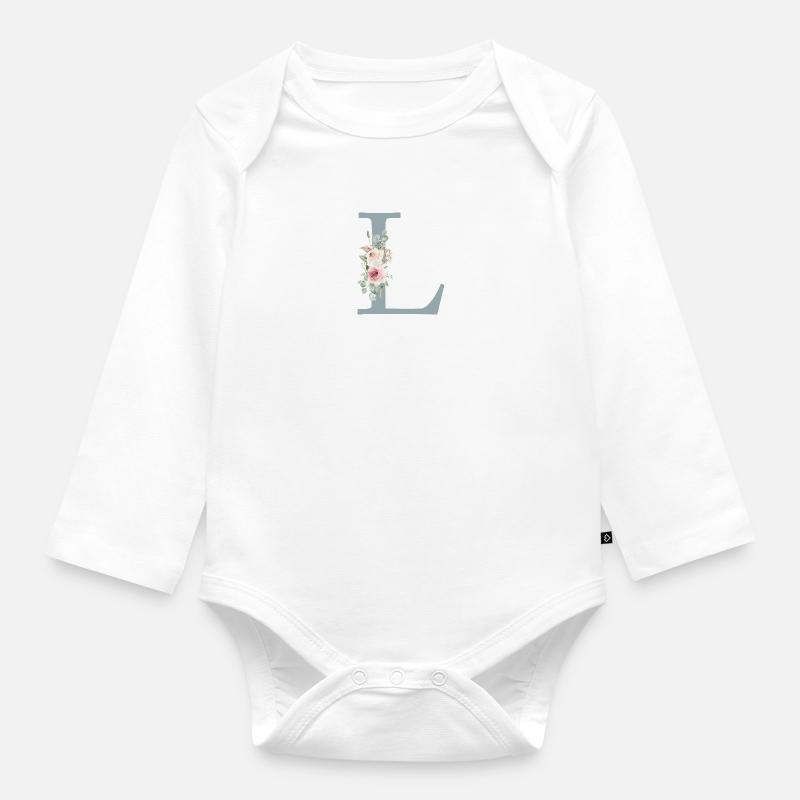 L| Monogramm | Eukalyptus-Pastell-Blumen-Blau - Baby Bio-Langarm-Body - Weiß