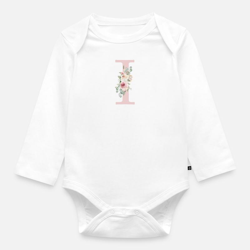 I| Monogramm | Eukalyptus-Pastell-Blumen-Blau - Baby Bio-Langarm-Body - Weiß