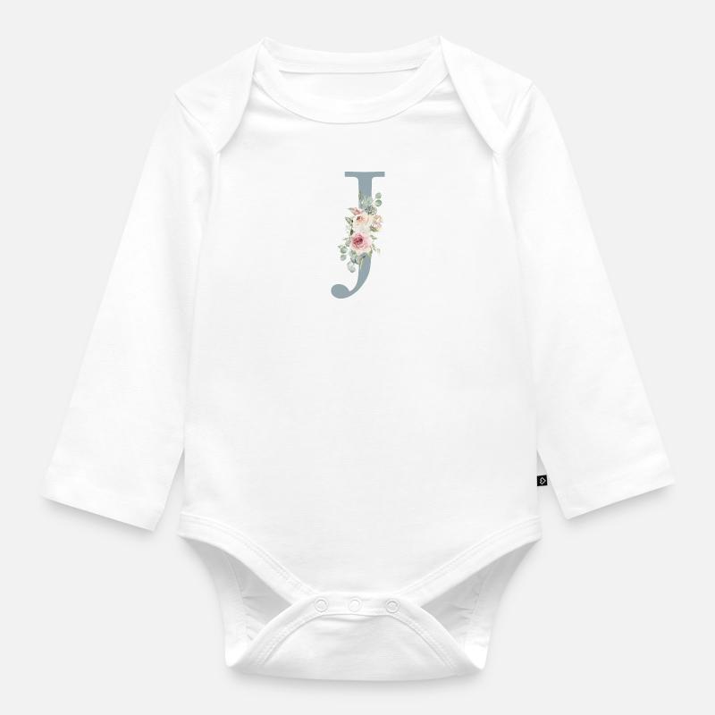 J| Monogramm | Eukalyptus-Pastell-Blumen-Blau - Baby Bio-Langarm-Body - Weiß