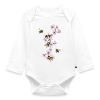 Bees on cherry blossoms - Organic Longsleeve Baby Bodysuit - white - Front