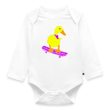 Gelbe Ente auf pinken Skatebord, lustig cool - Baby Bio-Langarm-Body - Weiß - Vorne