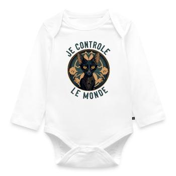 Hypnotic cat portrait: I control the world - Organic Longsleeve Baby Bodysuit - white - Front
