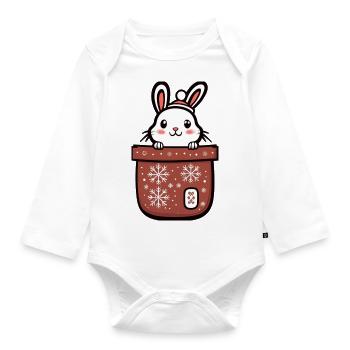 cute rabbit with christmas hat in a pocket - Organic Longsleeve Baby Bodysuit - white - Front