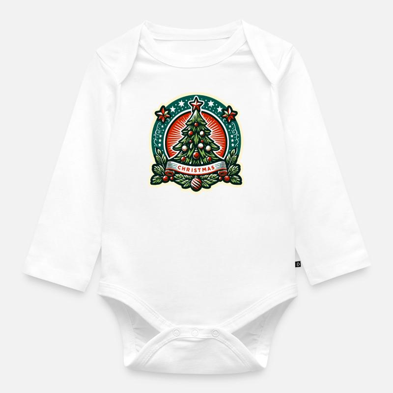 Vintage-Weihnachtsbaum-Abzeichen - Baby Bio-Langarm-Body - Weiß