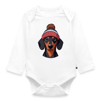 Chien teckel avec bonnet chapeau animal ami - Body Bébé bio manches longues - blanc - Devant