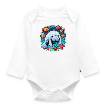 Manatee with lots of colorful fish and starfish - Organic Longsleeve Baby Bodysuit - white - Front