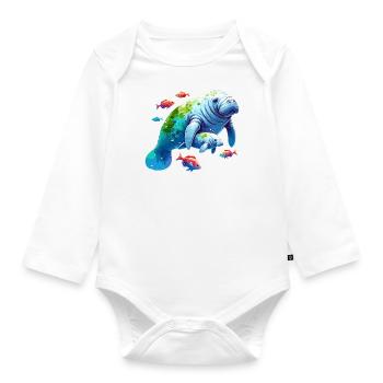 Seekuh mit Kalb und kleinen bunten Fischen - Baby Bio-Langarm-Body - Weiß - Vorne