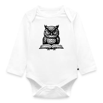 Little funny owl with glasses sitting on book - Organic Longsleeve Baby Bodysuit - white - Front
