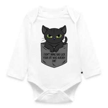 Poche poitrine chat noir Je n’apporte pas de malchance - Body Bébé bio manches longues - blanc - Devant