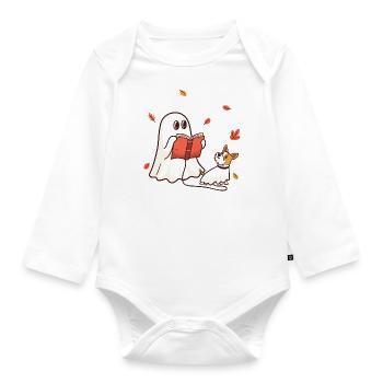 Little Halloween ghost reading a book with dog - Organic Longsleeve Baby Bodysuit - white - Front