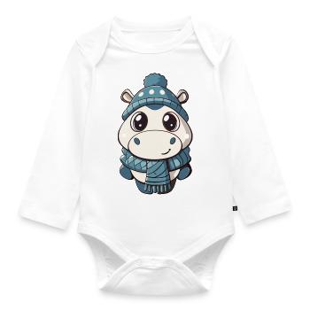 Hippopotame mignon avec écharpe et chapeau à pompon. - Body Bébé bio manches longues - blanc - Devant