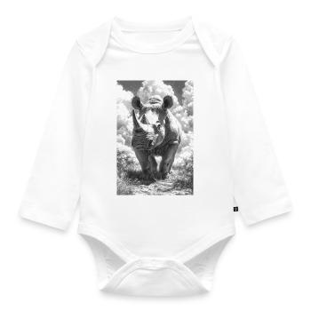Black and white rhino in the cloudy sky - Organic Longsleeve Baby Bodysuit - white - Front