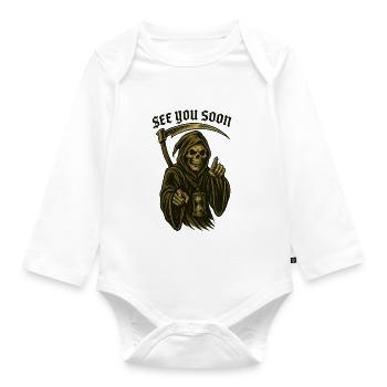 Old school mower – SEE YOU SOON - Organic Longsleeve Baby Bodysuit - white - Front