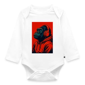 Gorilla in Hoodie with Headphones - Organic Longsleeve Baby Bodysuit - white - Front