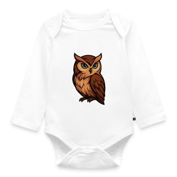 Tawny Owl Cartoon Owl in Warm Brown - Organic Longsleeve Baby Bodysuit - white - Front