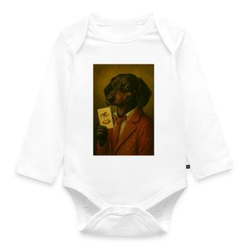 Dachshund in star suit with joker card - Organic Longsleeve Baby Bodysuit - white - Front
