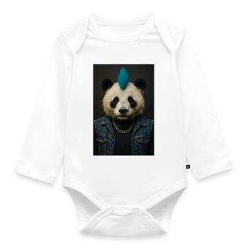 Panda Punk with Blue Mohawk - Organic Longsleeve Baby Bodysuit - white - Front