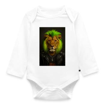Lion NeonPunk in leather look - Organic Longsleeve Baby Bodysuit - white - Front