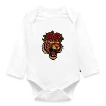 Fierce Tiger Head with Roses – High-Resolution Tra - Organic Longsleeve Baby Bodysuit - white - Front