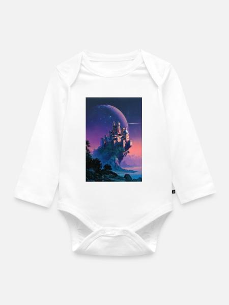 Mondbeschienene Burg über Nebula-Insel - Baby Bio-Langarm-Body - Weiß