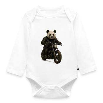 Leather Panda Biker on Motorcycle - Organic Longsleeve Baby Bodysuit - white - Front
