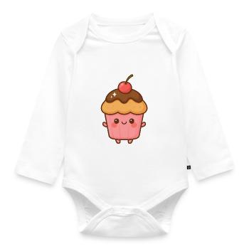 Kawaii rosa Schokoladen-Cupcake - Baby Bio-Langarm-Body - Weiß - Vorne