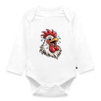 Rooster Doodle Laughing Chicken Cartoon Motif - Organic Longsleeve Baby Bodysuit - white - Front