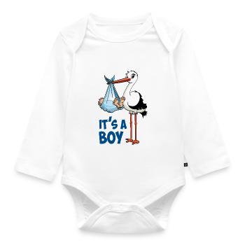 Storch mit dem kleinen Jungen; "Es ist ein Junge" - Baby Bio-Langarm-Body - Weiß - Vorne