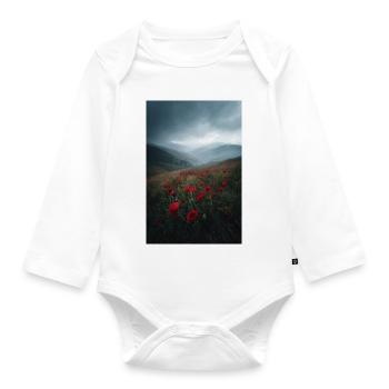Red Poppy Ridge in Mist - Organic Longsleeve Baby Bodysuit - white - Front