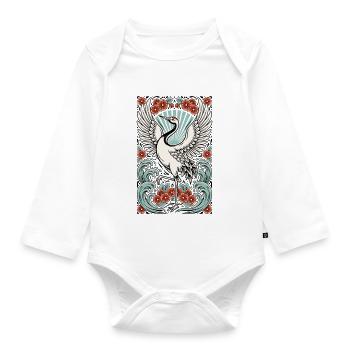 Crane with flowers and waves - Organic Longsleeve Baby Bodysuit - white - Front