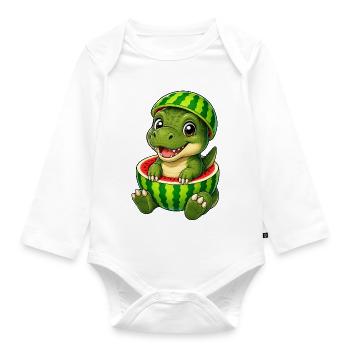Cute T-Rex Dinosaur Cartoon Melon - Organic Longsleeve Baby Bodysuit - white - Front