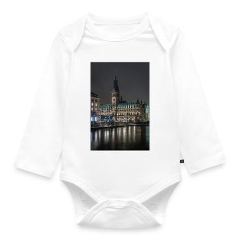 Hamburg City Hall illuminated at night - Organic Longsleeve Baby Bodysuit - white - Front