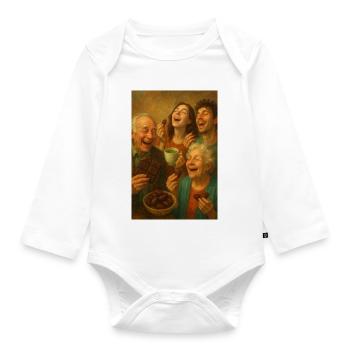 Joyful family eating chocolate - Organic Longsleeve Baby Bodysuit - white - Front