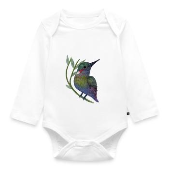 Colorful hummingbird on leaf branch - Organic Longsleeve Baby Bodysuit - white - Front