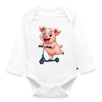 Schwein Roller Scooter Lustiges Bauernhof Motiv - Baby Bio-Langarm-Body - Weiß - Vorne
