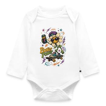 Flower Power Skateboard Blume – Cooles Retro Hippi - Baby Bio-Langarm-Body - Weiß - Vorne