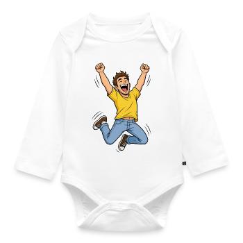 Jubelnder Mann im Sprung – Comic Sieger Erfolg - Baby Bio-Langarm-Body - Weiß - Vorne