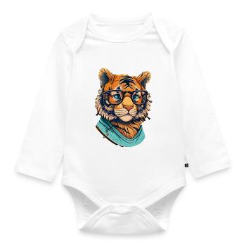 Tiger als Nerd mit Buch - Baby Bio-Langarm-Body - Weiß - Vorne