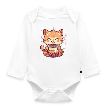 Katze trinkt Bubble Tea - Baby Bio-Langarm-Body - Weiß - Vorne
