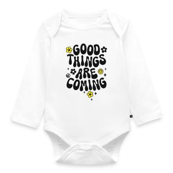 Good things are coming saying Trendy Retro Peace - Organic Longsleeve Baby Bodysuit - white - Front
