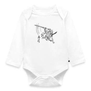 Samurai cat with Japanese writing "Suhshi" - Organic Longsleeve Baby Bodysuit - white - Front