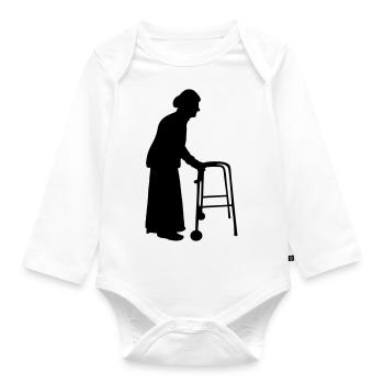 Granny with cane walking stick go Bock - Organic Longsleeve Baby Bodysuit - white - Front
